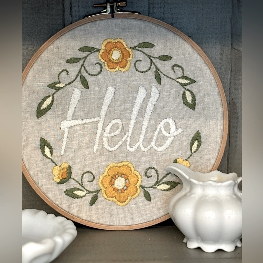 Svitanok Embroidered Hello Linen Hoop. Farmhouse | Grandmacore | 9” Boho | Decor